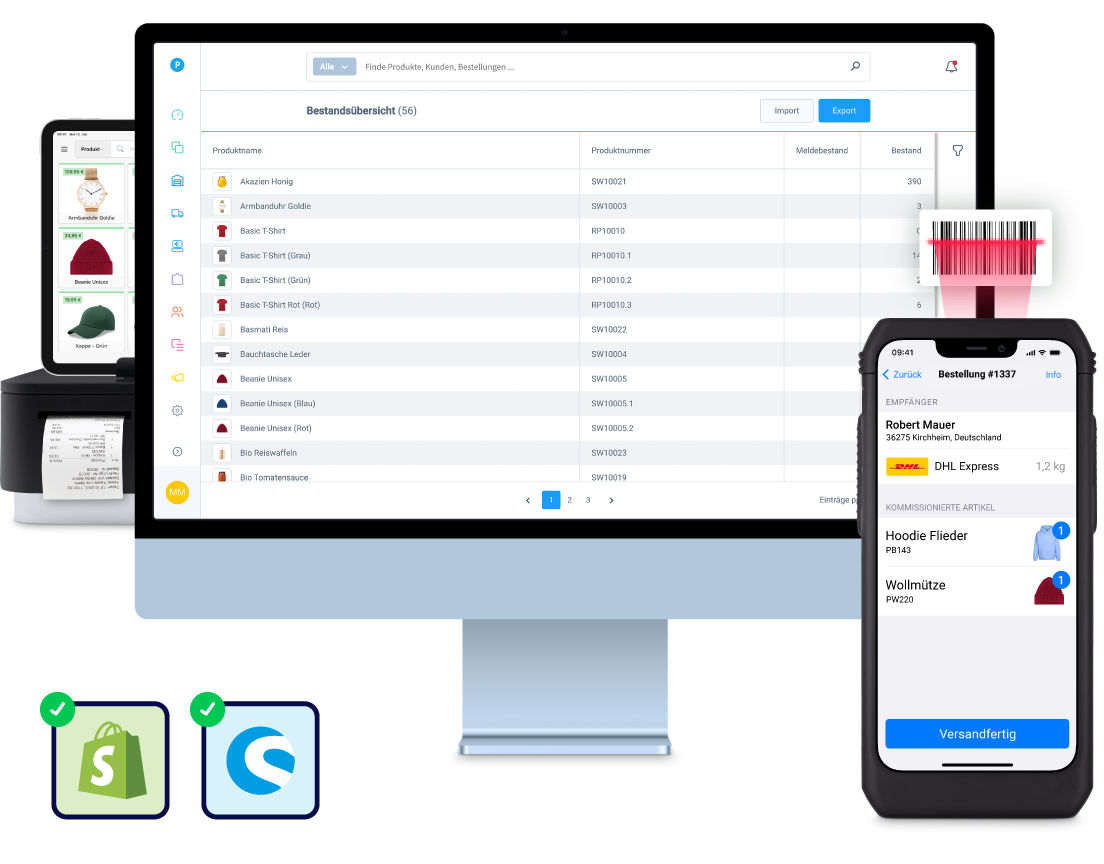 Pickware ERP und Warenwirtschaft dargestellt auf Bildschirm, sowie Pickware WMS und POS auf Barcodescanner und Kassensystem, kompatibilität mit Shopify und Shopware