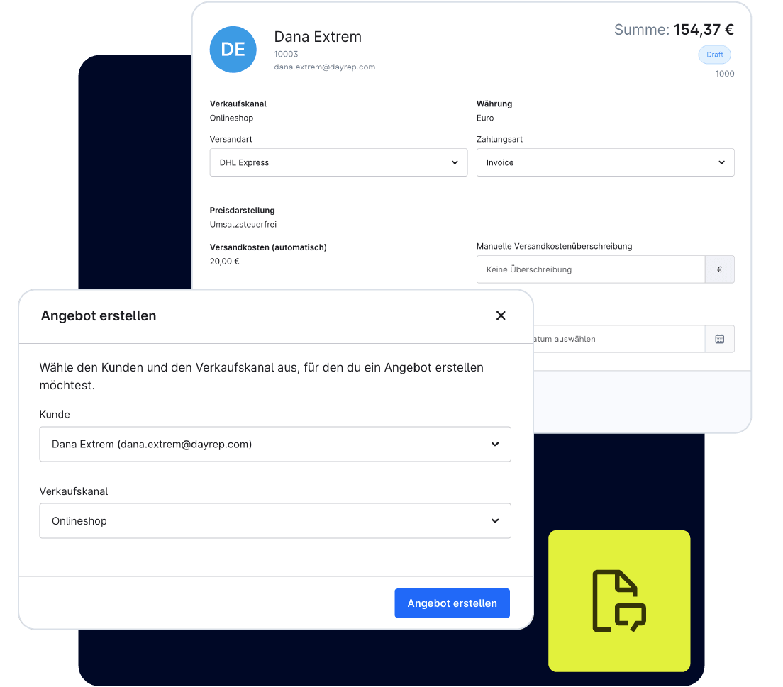 Kein Word-Dokument, kein manuelles Einpflegen, kein Datenverlust. Du erstellst Angebote direkt in Pickware, greifst auf echte Lagerbestände und Kundendaten zurück.